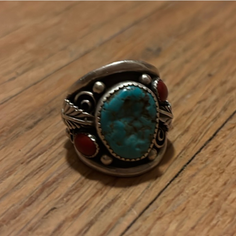 Turquoise and Red Stone Silver Ring